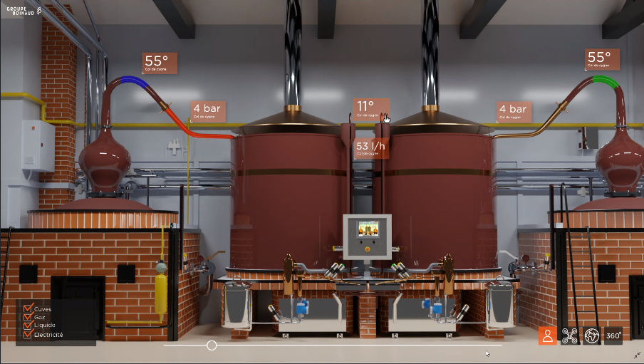 vue chaudière Jumeau numérique 3D temps réel d'une salle de distillation