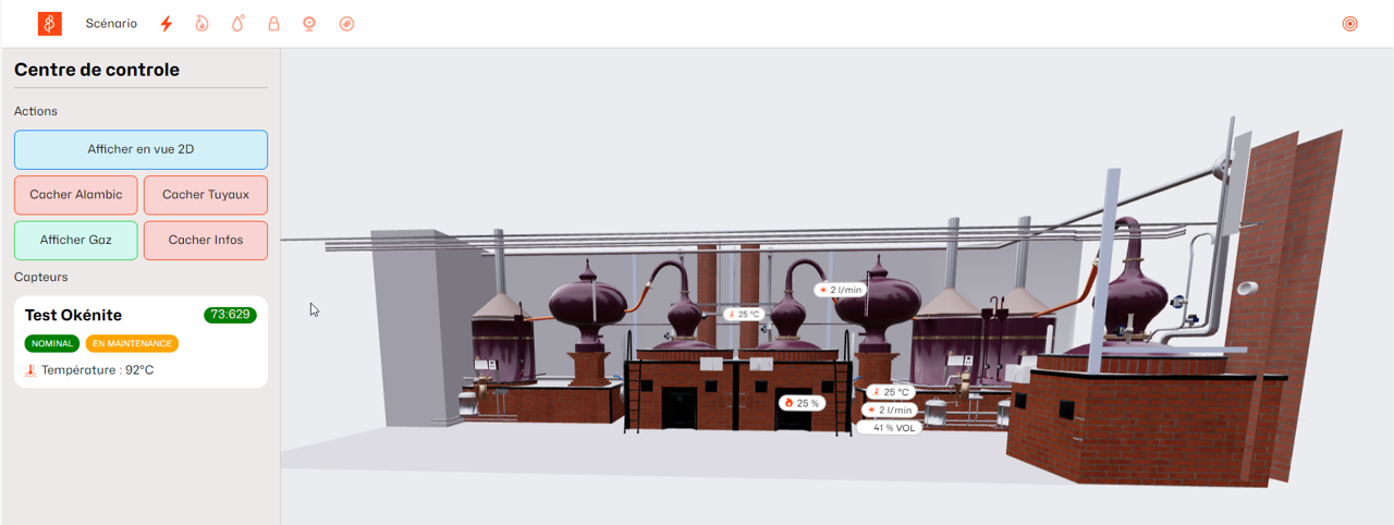 vue distillation Jumeau numérique d'une salle de distillation