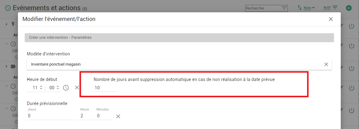 suppression auto après X (event action) accès aide en ligne