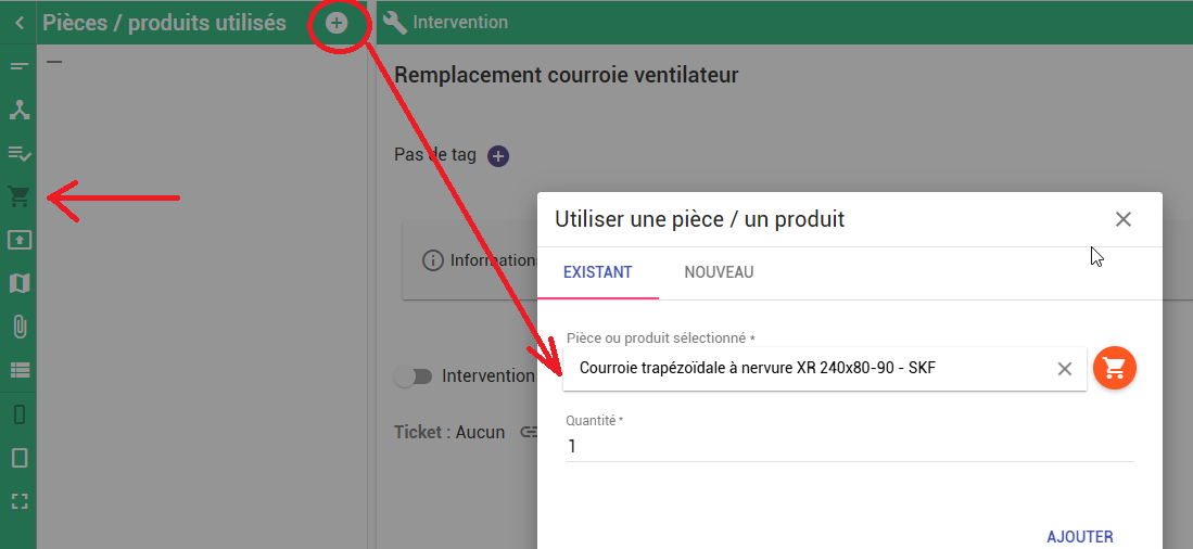 Sélection rechange accès aide en ligne